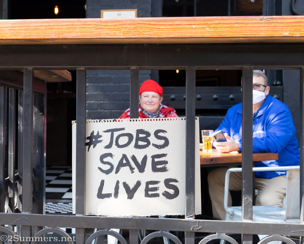 JobsSaveLives sign at Hell's Kitchen in Melville