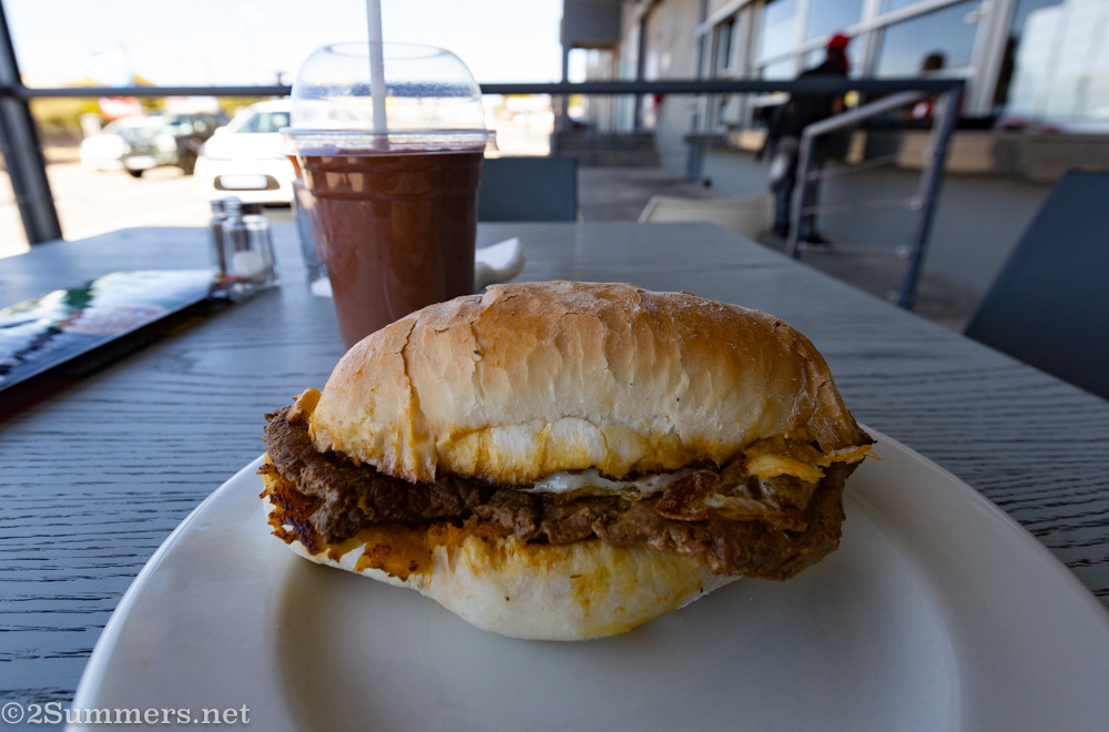 Portuguese prego roll with egg and a milkshake from Senhor Galo's