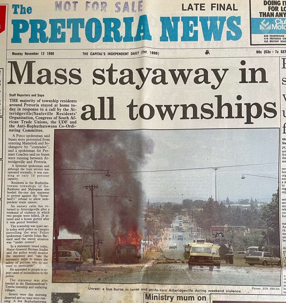 News paper clipping from Pretoria News -- Mass Stayaway in all Townships