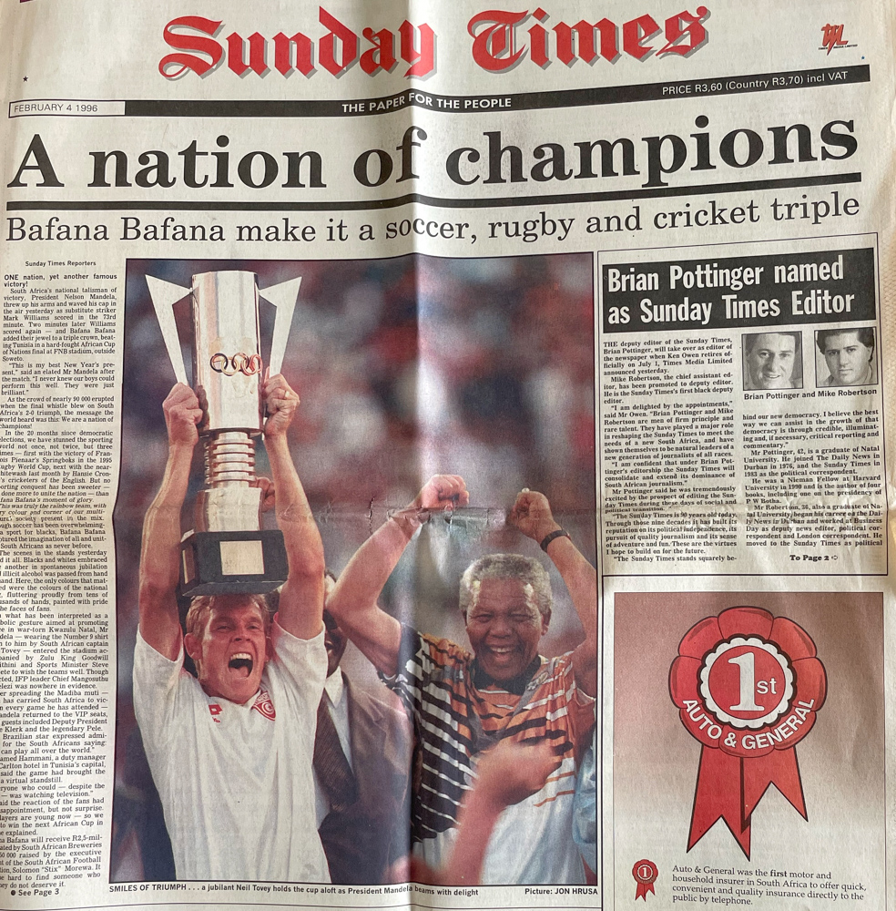 News paper clipping from Sunday Times -- Bafana Bafana 1995
