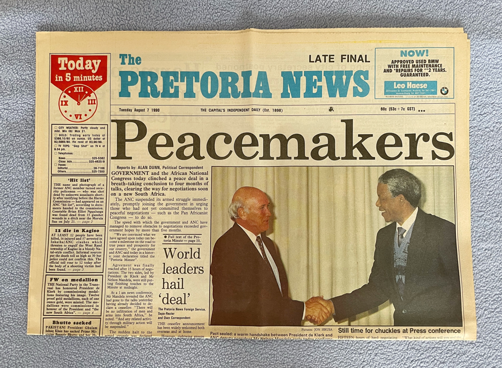 News paper clipping from Pretoria News -- Mandela and De Klerk