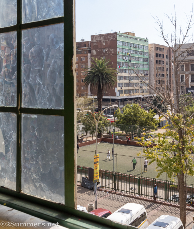 View through the window of Sifiso Mkhabela's studio