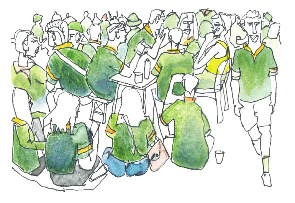 Thorsten's sketch of the fans at Pirates gives a good feel for the crowd. I'd say there were at least 500 people there, watching the game on at least a dozen screens