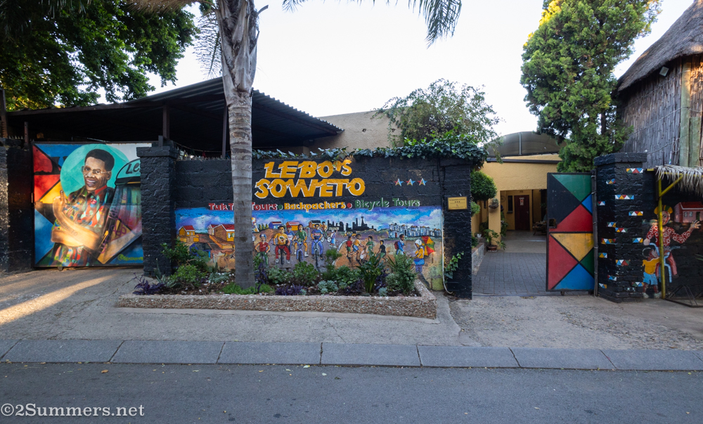 Signage outside Lebo's Soweto Backpackers